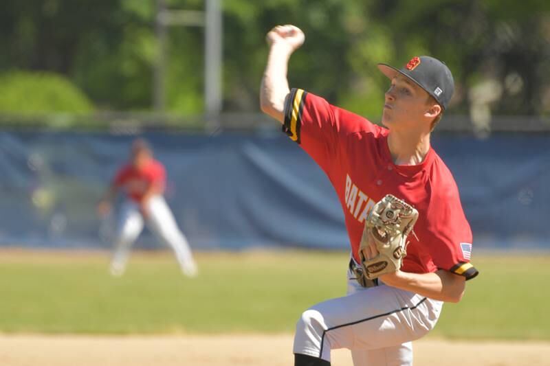 Batavia's Nate Nazos (15) pitches against the St. Charles North during the Geneva Regional Championship on Saturday, May 27, 2023.