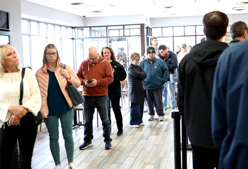 A line forms at Jersey Mike’s Subs in Geneva on Wednesday, March 26, 2025 for the Day of Giving. Jersey Mike’s owners and operators throughout Illinois donated every single dollar that came in that day to Cal’s Angels Pediatric Cancer Foundation, which is based in St. Charles.