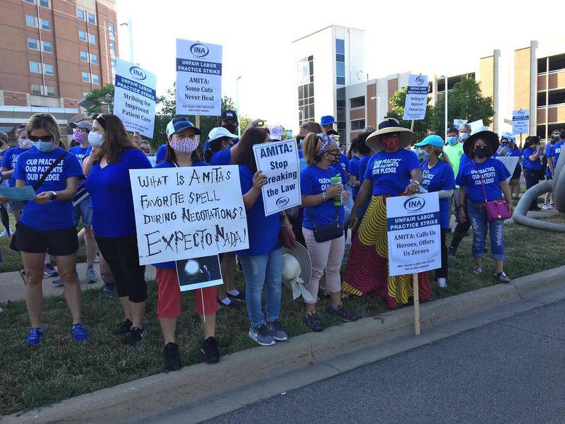 Nurses with Illinois Nurses Association go on strike at AMITA Health Saint Joseph Medical Center on Saturday in Joliet.