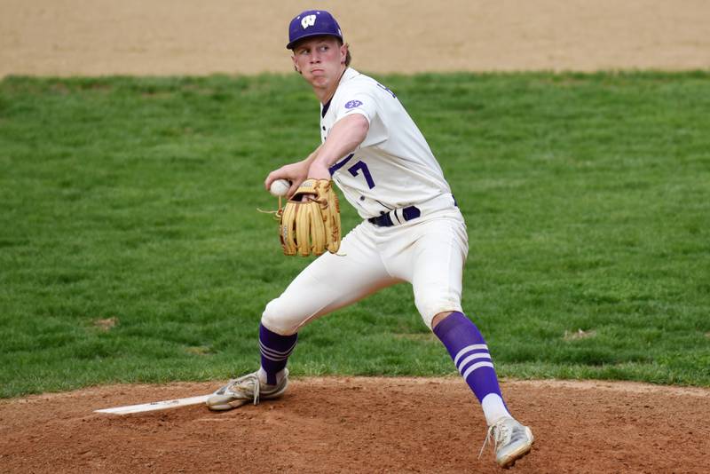 Wilmington's Cooper Holman throws a pitch during a home game against Manteno Tuesday, April 21, 2026.