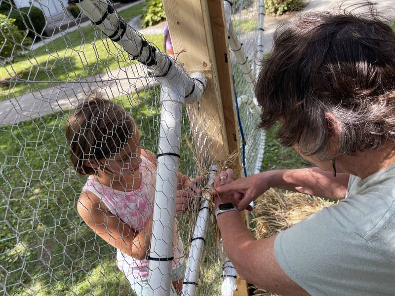 April Bold (right), of Mt. Morris, works with Holly Obendorf to sculpt an 8-foot-tall straw butterfly on Saturday, Aug. 24, 2024, on the Mt. Morris College Campus during StrawFest. StrawFest was the culmination of the ninth annual U.S. National Straw Sculpting Competition.
