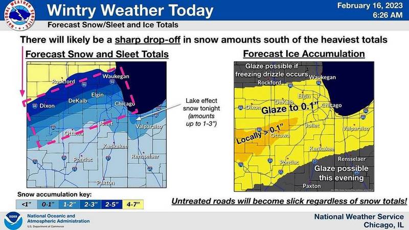 The National Weather Service warned of the highest snow totals in parts of Lake, McHenry, Kane, DeKalb, Ogle, Lee and Whiteside counties.