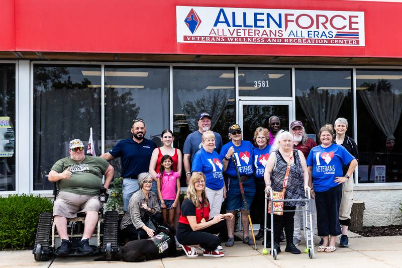 AllenForce staff, volunteers, and longtime supporters pose for a photo outside the new Veteran Wellness & Recreation Center in Joliet on July 25, 2025.