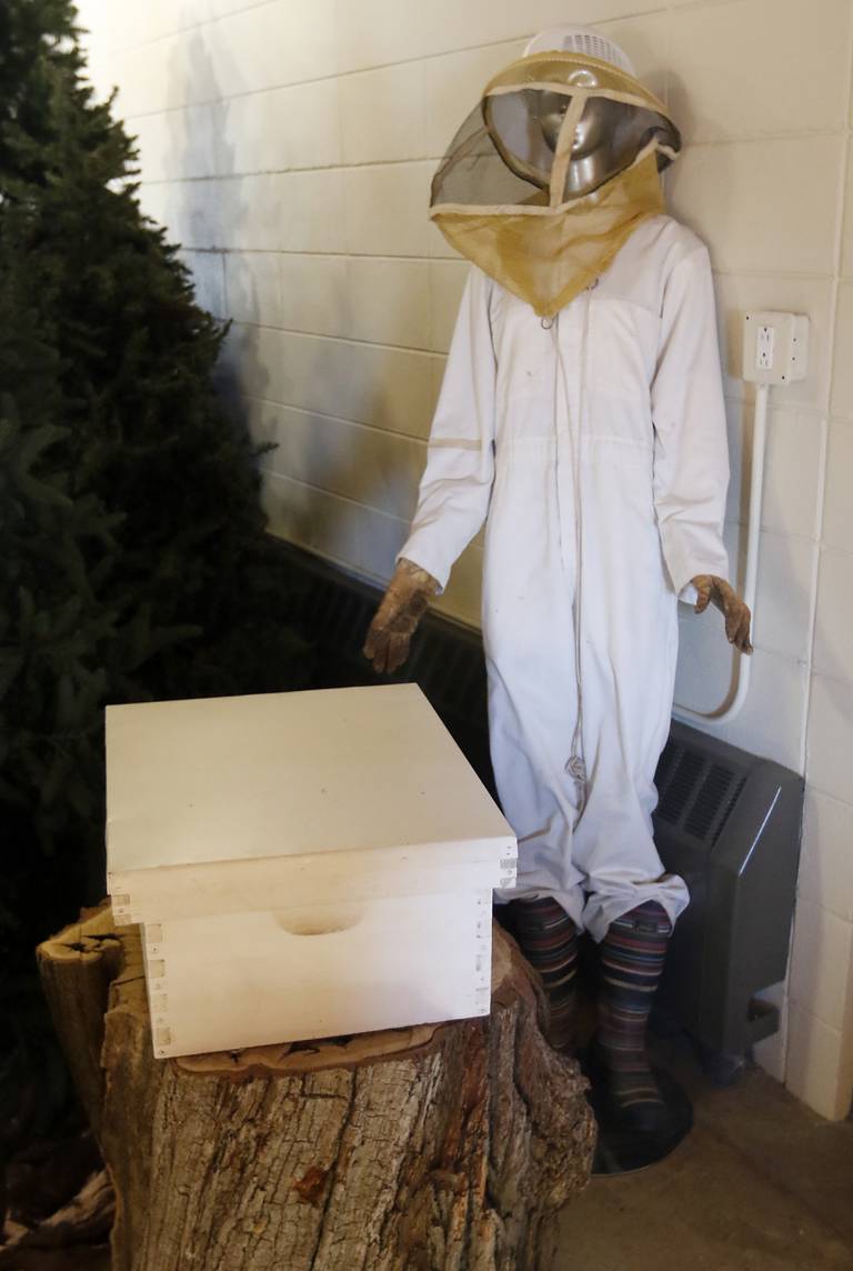 A beekeeping suit in the Crystal Lake Nature Center on Friday, Feb. 3, 2023. Interest in beekeeping has grown in McHenry County with classes being taught at McHenry County College about how to care for colonies and queen bees.