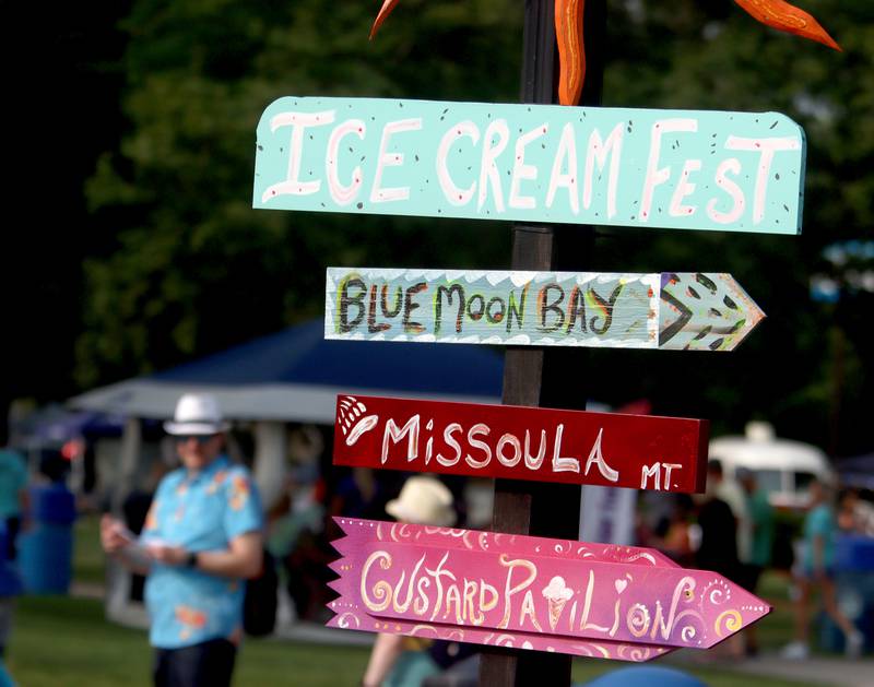 Signs guide visitors Friday, Aug. 18, 2023, during Julie Ann’s first-ever Ice Cream Fest at Crystal Lake’s Main Beach. The beach was transformed into “Ice Cream Land” with themed areas such as Kong Cove and Blue Moon Bay.