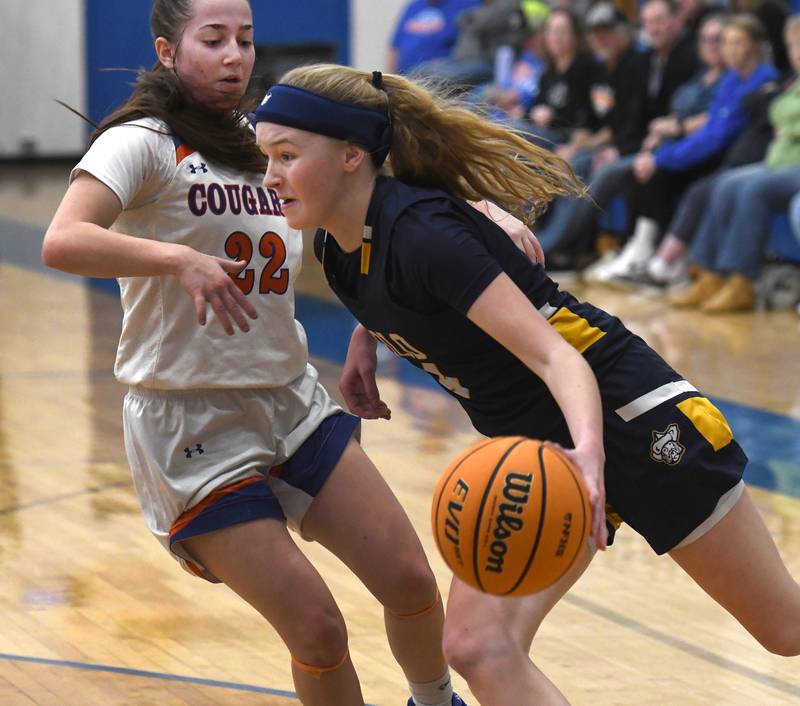 Polo's Camrynn Jones (4) drives the baseline as Eastland's Sienna Peterson (22) defends on Tuesday, Feb. 10, 2026 at Eastland High School in Lanark.