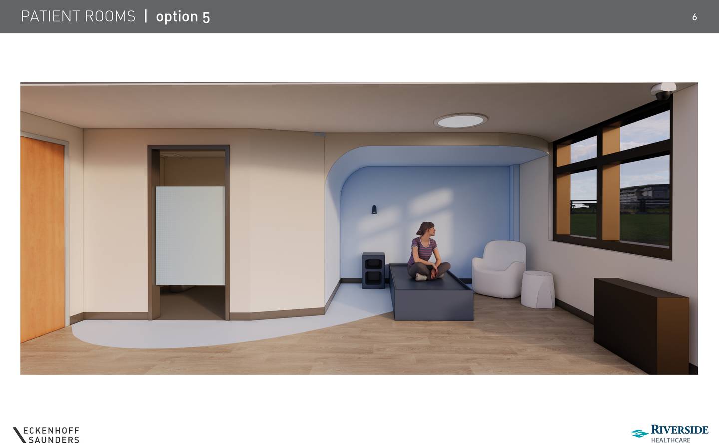 A rendering shows planned updates and expansions to Riverside Medical Center's behavioral health department as part of a $28-million project. A single room design option is shown here.