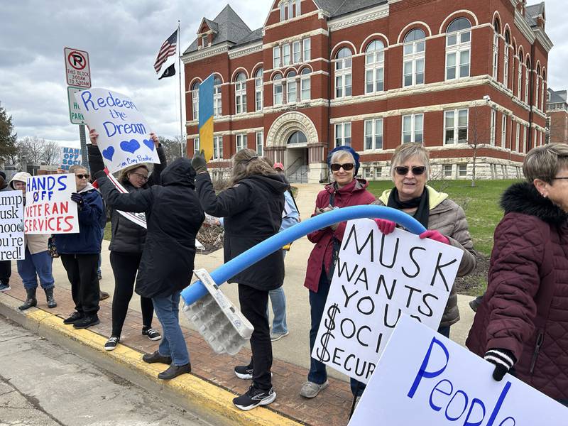 Around 400 people took part in the Hands Off rally held around the historic Ogle County Courthouse in Oregon on Saturday, April 5, 2025. Similar rallies were held across the United States for people wanting to speak out about recent actions and decisions by President Donald Trump. The event in Ogle County was organized by Indivisible of Ogle County.
