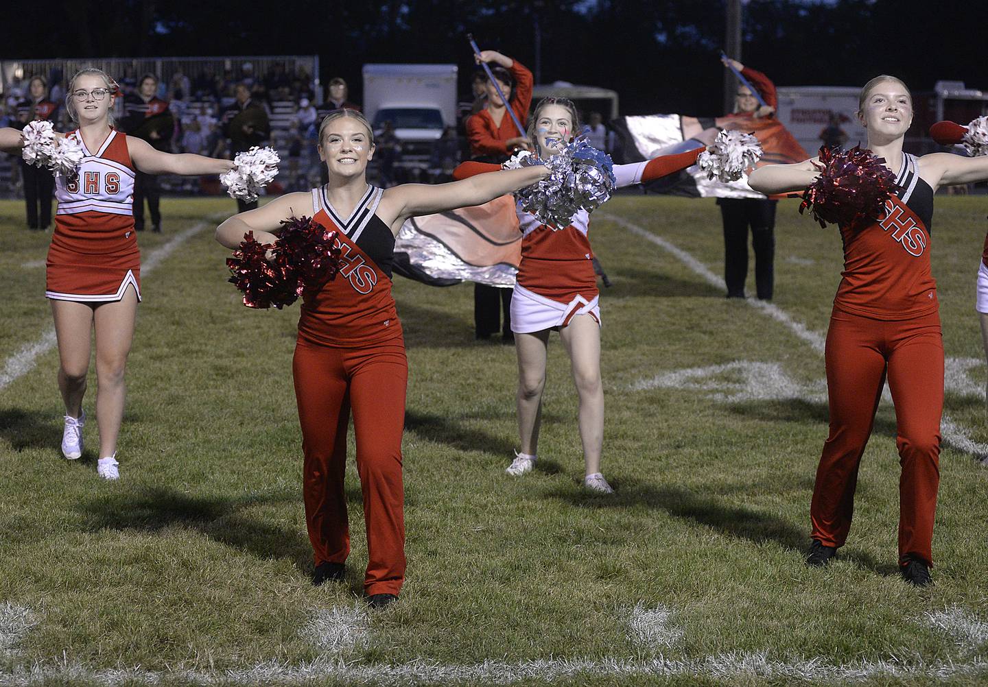 Streator cheerleaders and Streatorettes perform as the band plays during "Streator Loyalty" on Friday, Sept. 16, 2022, at Doug Dieken Stadium in Streator.