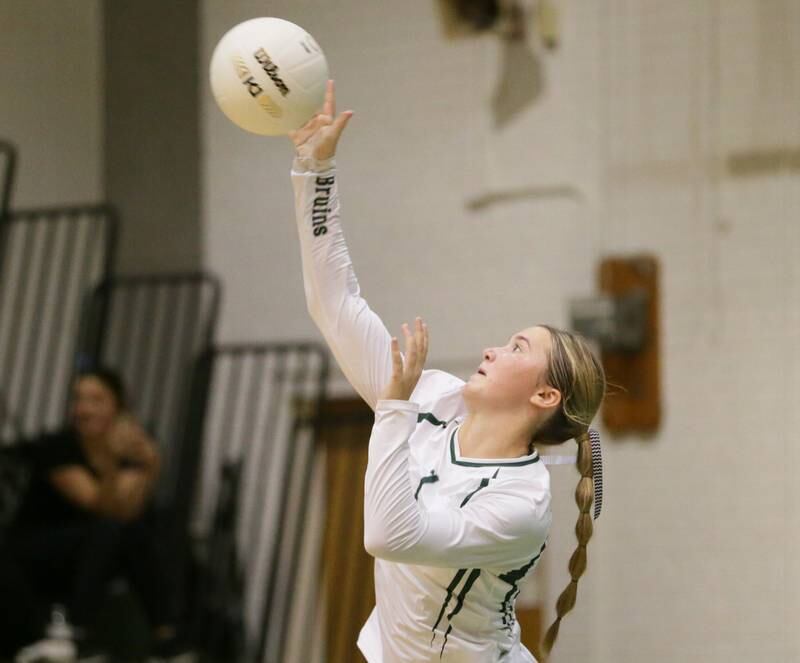 St. Bede's libero Ella Hermes serves the ball to Henry in the Class 1A semifinal game on Wednesday, Oct. 16, 2022 at St. Bede Academy in Peru.