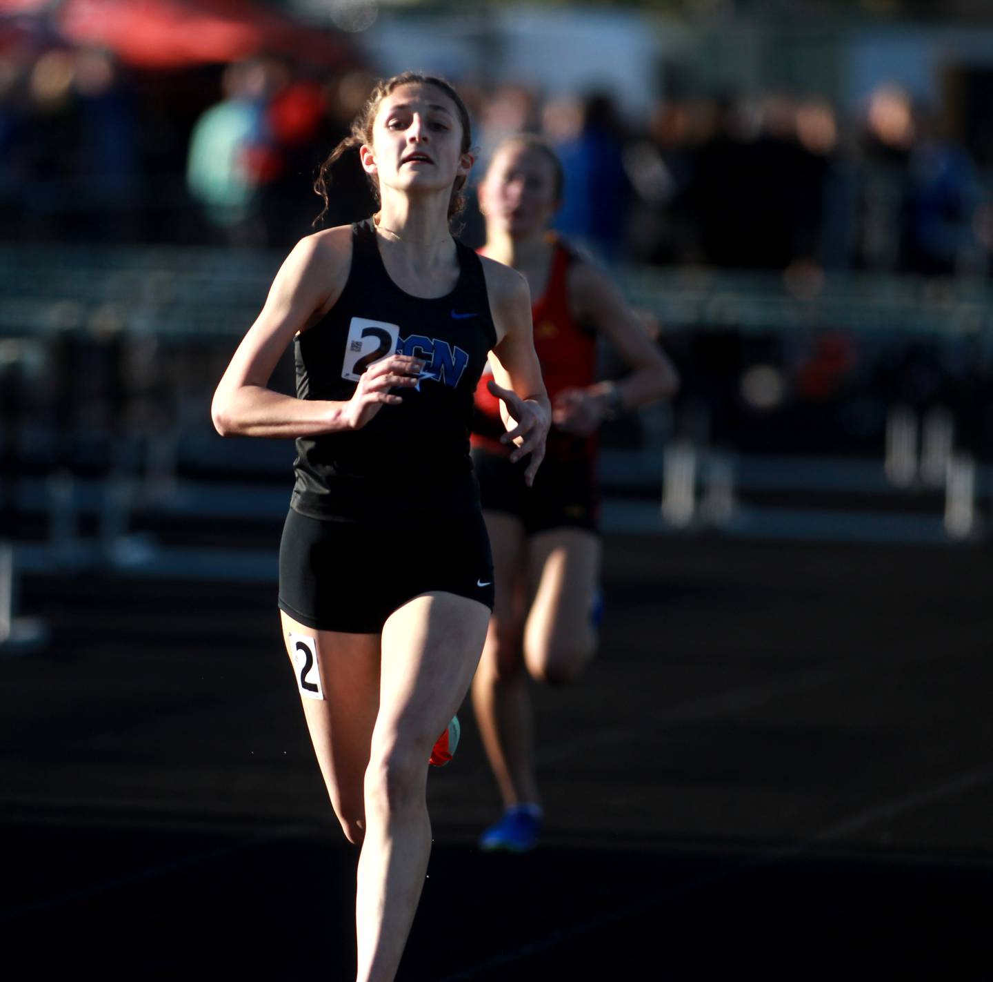 St. Charles North’s Kara Glenn competes in the 3200-meter run during the DuKane Conference Girls Outdoor Championship on Thursday, May 8, 2025 at Glenbard North in Carol Stream.