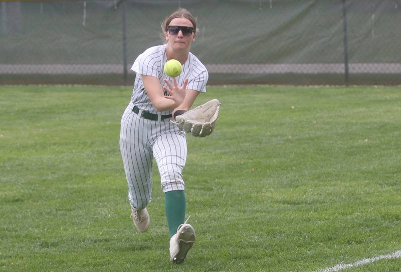 St. Bede's Quin McClain races in to make a catch against Seneca on Monday, May 12, 2025 at St. Bede Academy.