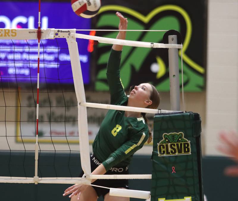 Crystal Lake South’s Anastasia Hougas hits the ball against Lakes in IHSA Class 3A Sectional semifinal volleyball action on Tuesday, Nov. 5, 2024, at  Crystal Lake South High School  in Crystal Lake.