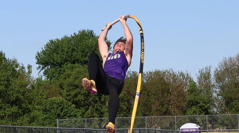 Rochelle's Andrew Nuyen soars over the bar in the pole vault competition at the Class 2A Rochelle Sectional on May 20, 2026.