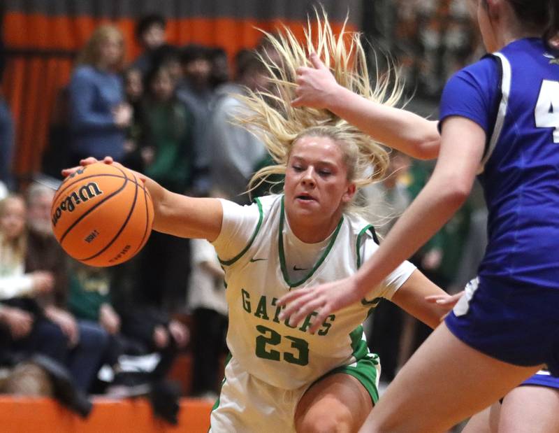 Crystal Lake South’s Laken LePage corrals the ball against Geneva in girls IHSA Class 3A Sectional Championship basketball on Thursday, Feb. 26, 2026, at Crystal Lake Central High School in Crystal Lake.