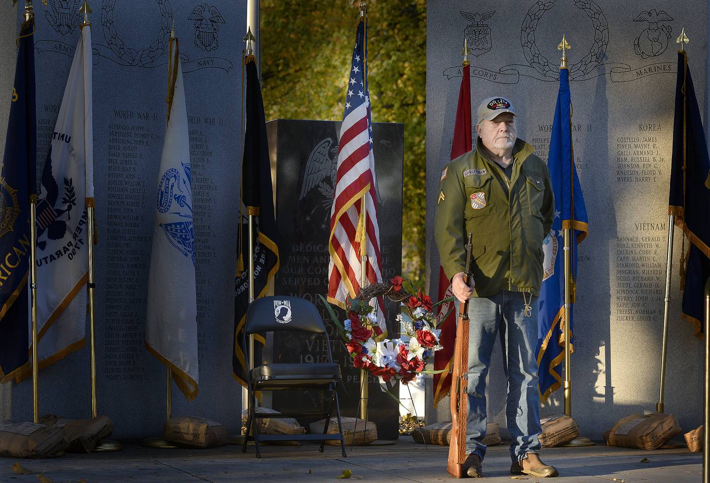 American Legion Post 33 in Ottawa started the Honor Guard Vigil on Friday, Nov. 5, 2021. Event Chairman John Duback said this is the 12th year the event is happening in front of the Memorial Plaza at Washington Square. Duback said members of the Legion and other veterans’ organizations will take 15-minute shifts. He said each flag displayed will honor a specific veteran. Here George Hasselman takes the first shift.
