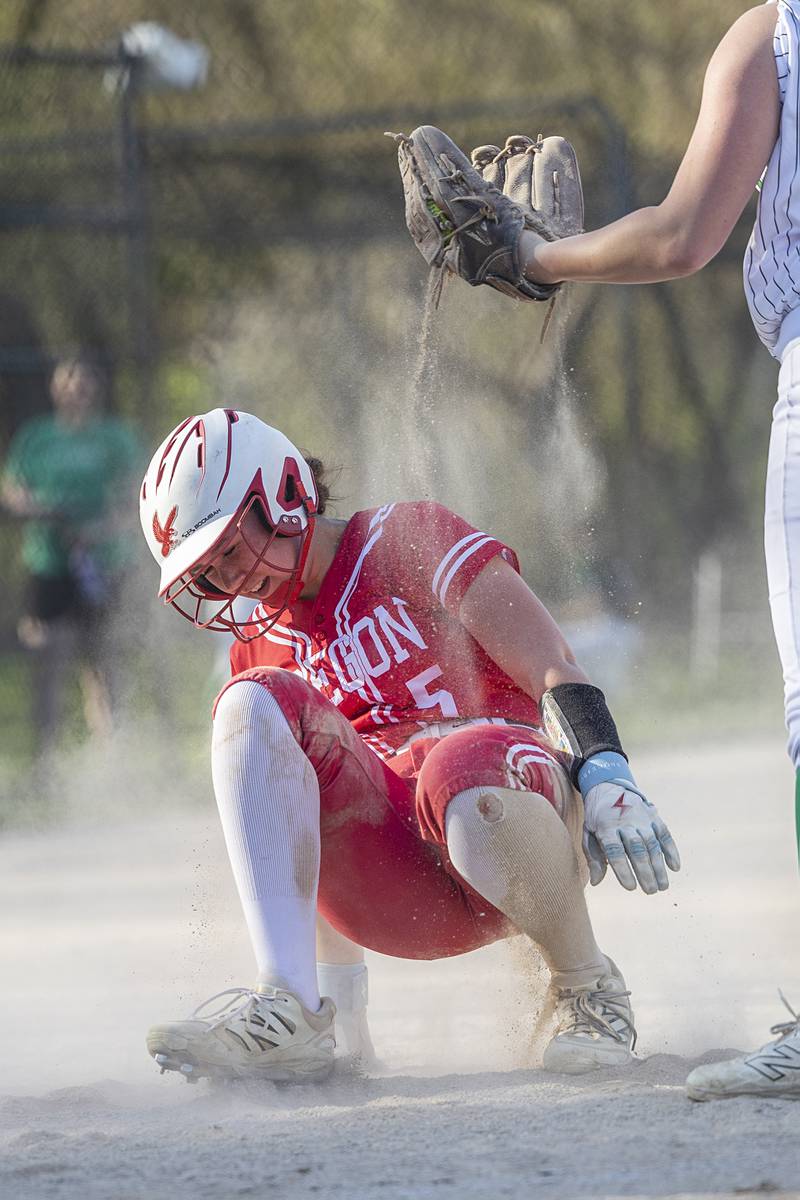 Oregon’s Brooke Halverson gets up after scoring on a wild pitch against Rock Falls Wednesday, April 22, 2026.