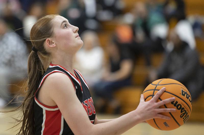 Amboy’s Jillian Anderson goes for the hoop against Morgan Park Academy Tuesday, Feb. 25, 2025, in the Class 1A Sectional semifinal at Hinckley-Big Rock.