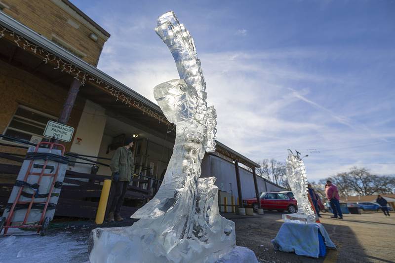 Ice sculptures created by artist Robert Storm are seen Saturday, Feb. 7, 2026, outside of the American Legion during the Flock to the Rock event. This is the third year Storm has created works in Rock Falls.