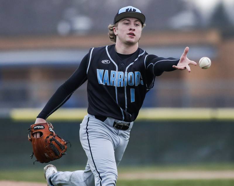 Willowbrook’s Max Vaisvila flips the ball to first base for an out against Downers Grove South during a game in Downers Grove on Tuesday, April 5, 2022.