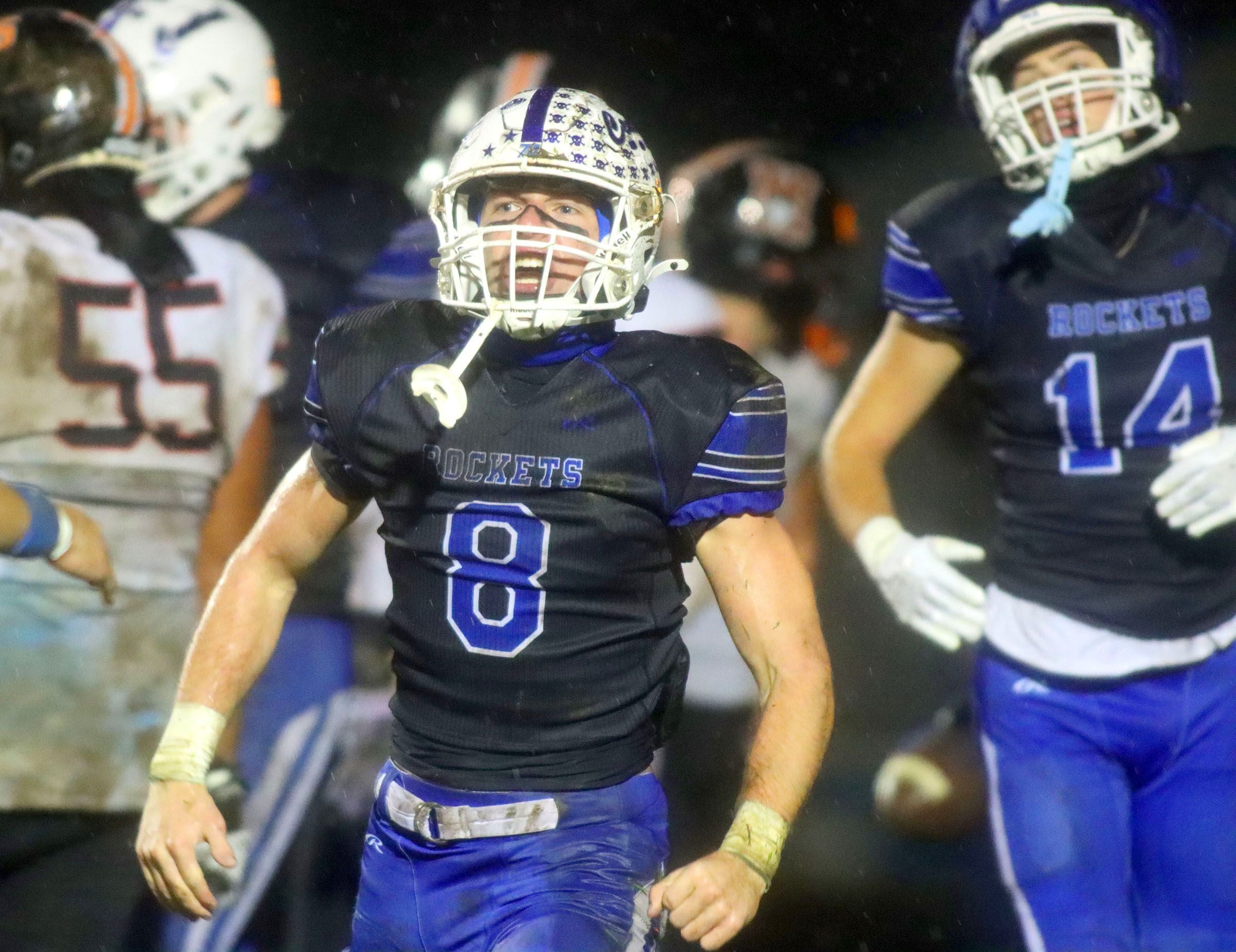 Burlington Central’s Tyler McGladdery reacts after scoring his second of two touchdowns against Harlem in IHSA football Class 6A second-round playoff action at Central High School in Burlington on Saturday, November 8, 2025.