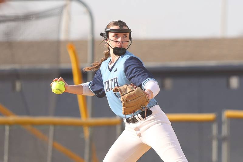 Plainfield South’s Jackie Gracanin throws to first base for the out against Lincoln-Way West on Tuesday, March 24, 2026 in Plainfield.