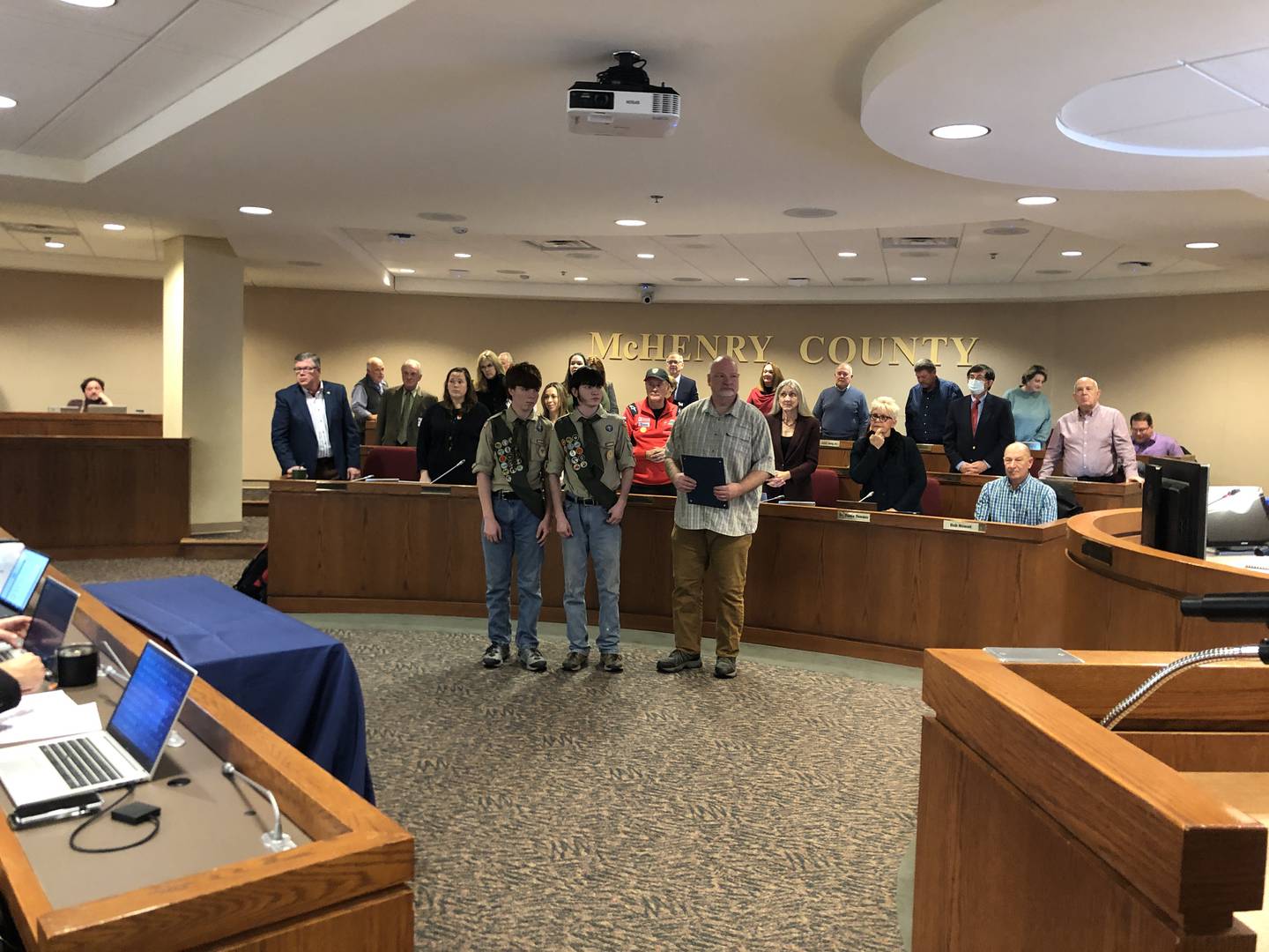 Shane, left, Joey and Jay Wolf attended the McHenry County Board meeting on Tuesday, Nov. 15, 2022, where they were recognized for helping to save a woman from her burning car on Oct. 30, 2022.