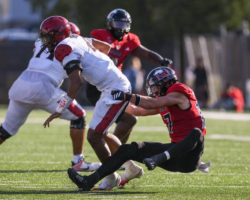 Northern Illinois University's linebacker Filip Maciorowski (17) brings down San Diego State ball carrier Jayden Denegal (4) during the game on Saturday Sept. 27, 2025, held at Huskie Stadium in DeKalb.