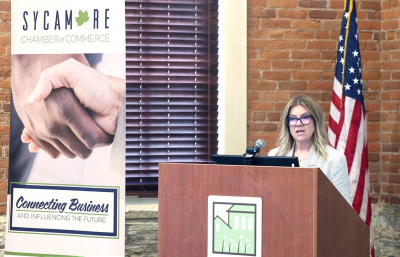 Kim Halsey, executive director of the Sycamore Public Library, makes her presentation Wednesday, May 1, 2024, at the Sycamore Chamber of Commerce State of the Community Address in the DeKalb County Community Foundation Freight Room.