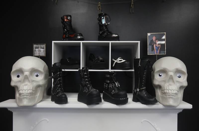 Items for sale in the Hideous Heart on Friday, Aug. 1, 2025, on Elm Street in McHenry. The shop that sells alternative clothing and accessories, opened in March 2024 and recently moved to a new larger location, nearly quadrupling its floor space.