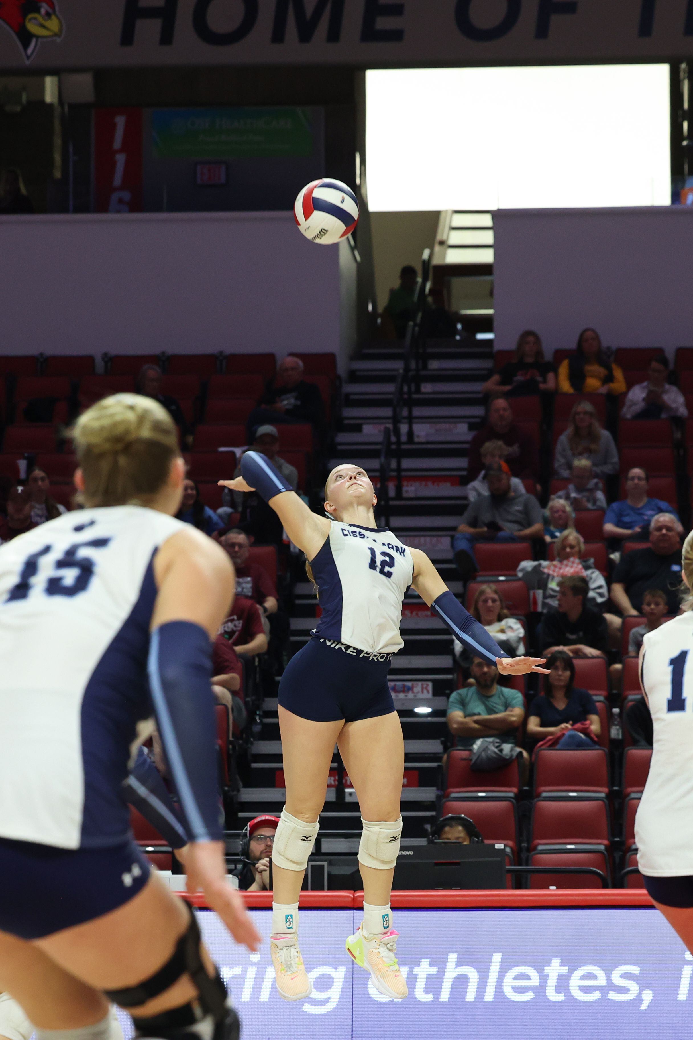 Cissna Park's Josie Neukomm hits the ball during the Timberwolves' victory in two sets, 25-11, 25-14, over Stockton in the IHSA Class 1A State championship on Saturday, Nov. 15, 2025.