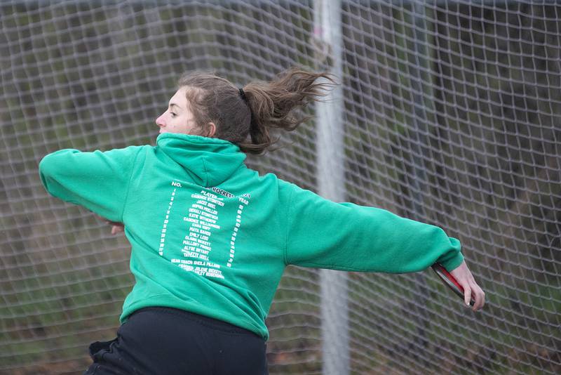 Rock Falls' Claire Bickett rears back for the discus throw Friday, April 22, 2022 at the Rock Falls track invitational.