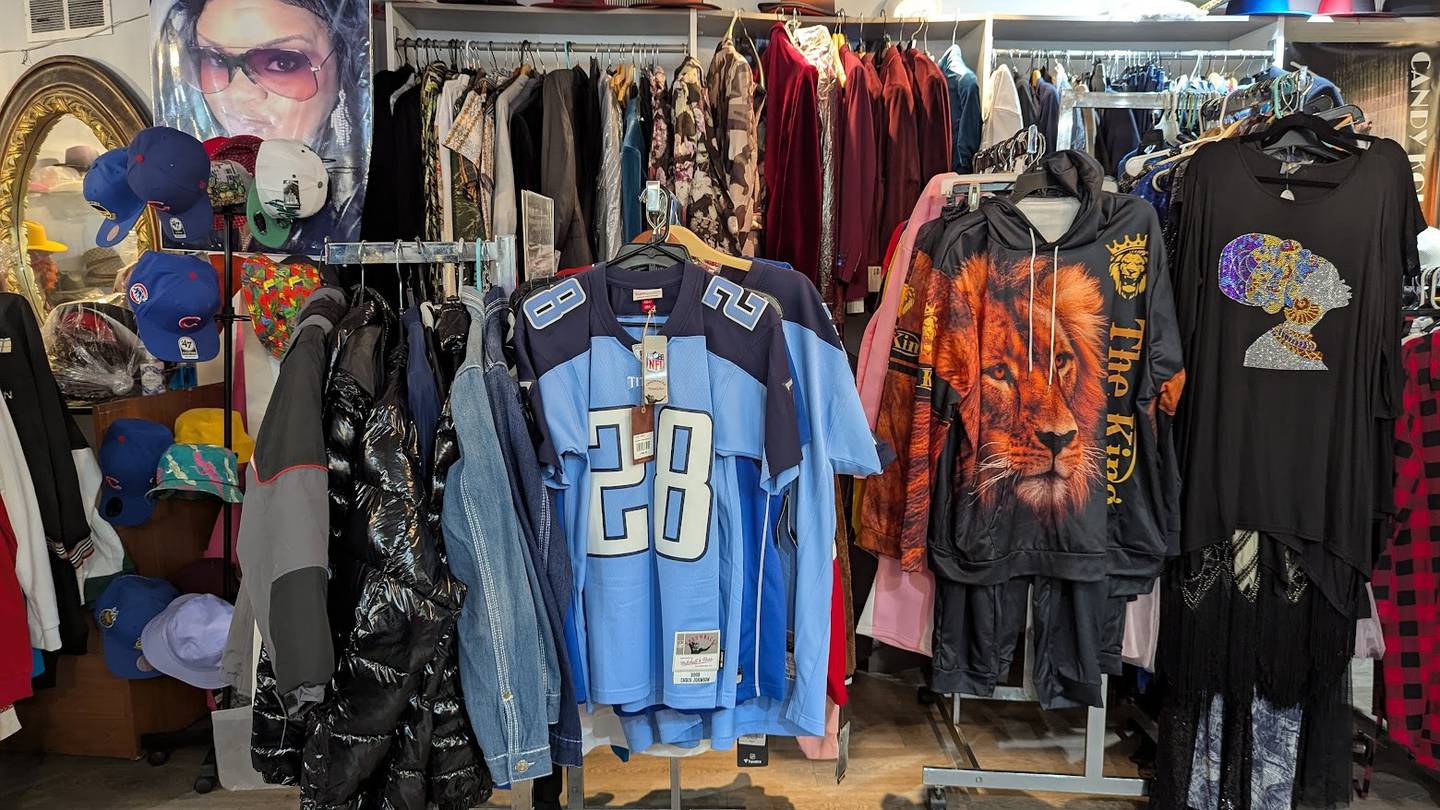 Fashionable clothing hangs from racks at Candy Kouture in Joliet on Tuesday, Feb. 25, 2025.