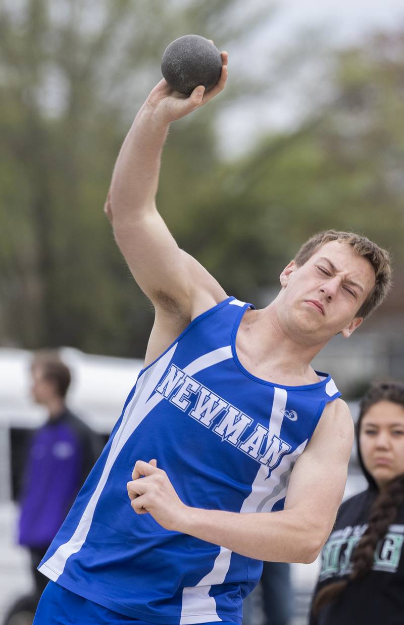 Newman’s Jacob Newberry throws the shot Friday, April 25, 2025, during the Rock Falls Rocket Invite.