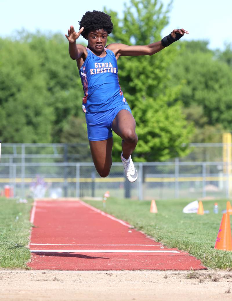 Genoa-Kingston’s Natasha Bianchi competes in the long jump Wednesday, May 8, 2024, during the girls track Class 2A sectional at Rochelle High School. Bianchi was a state qualifier in the event.