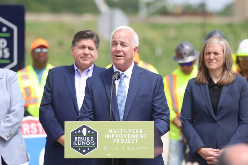 Joliet Mayor Terry D’Arcy speaks at the construction kickoff for the new Interstate 80 Des Plaines River bridges on Friday, May 20, 2026 in Joliet.