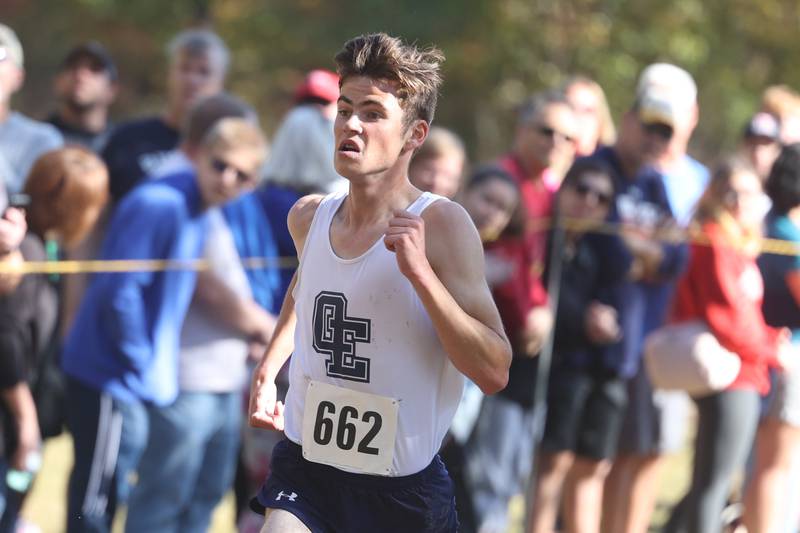 Oswego East’s Parker Nold heads to the finish to take 2nd in the Boys Cross Country Class 3A Minooka Regional at Channahon Community Park on Saturday.