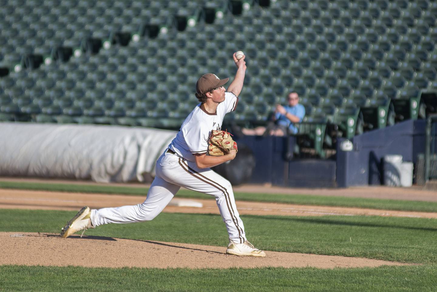 Joliet Catholic’s TJ Schlageter fires a pitch against Columbia Friday, June 3, 2022 during the IHSA Class 2A baseball state semifinal.