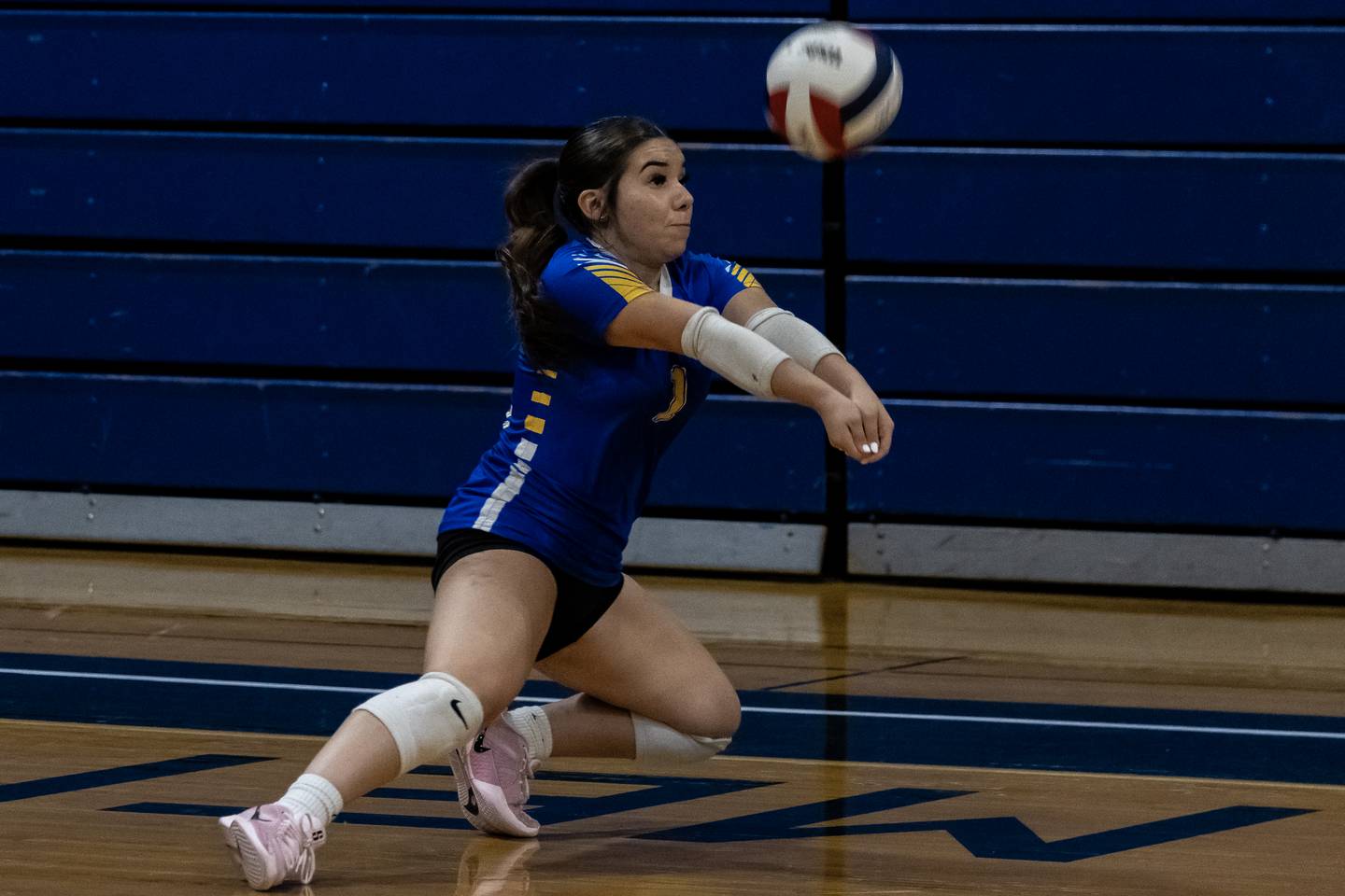 Joliet Central's Andrea Mireles makes a nice play during a varsity volleyball game against Illinois Mathematics and Science Academy at Joliet Central on Oct. 20, 2025.