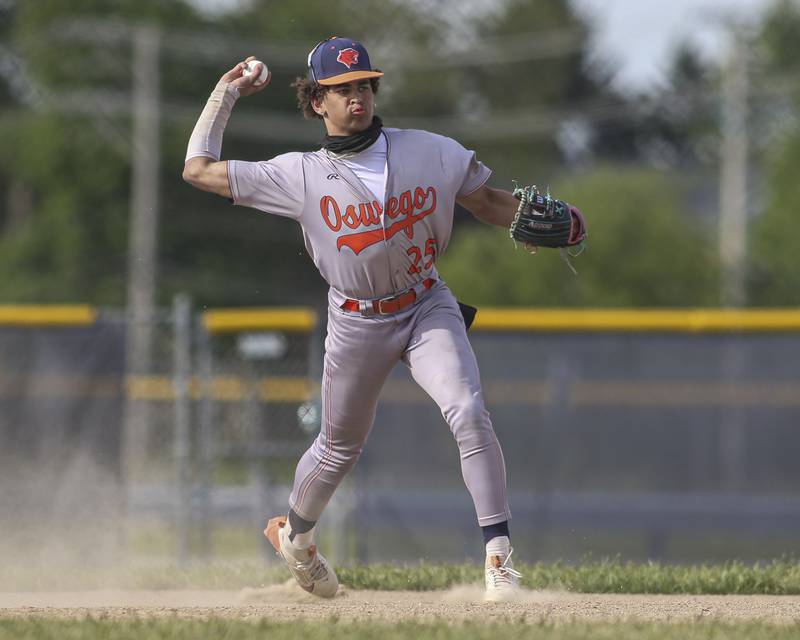 Oswego's Kam Jenkins (25) throws to first after fielding a ground ball during baseball game between Oswego East at Oswego. Monday, May 19, 2025 in Oswego.
