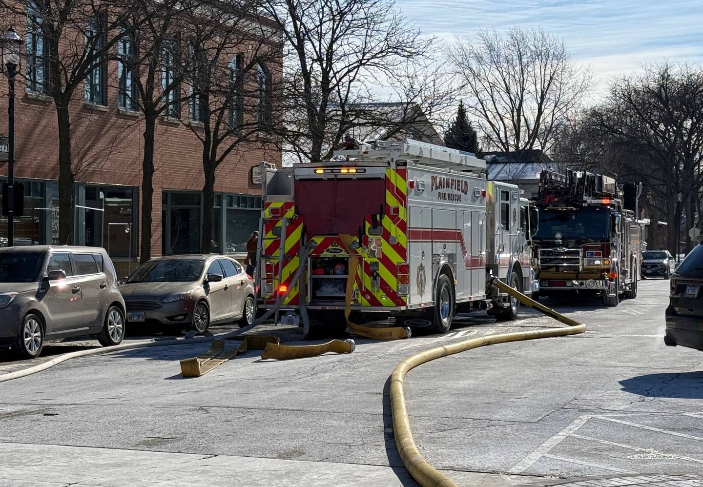 The Plainfield Fire Protection District at the scene of a fire in the downtown business district of Plainfield on Wednesday, Jan. 28, 2026.