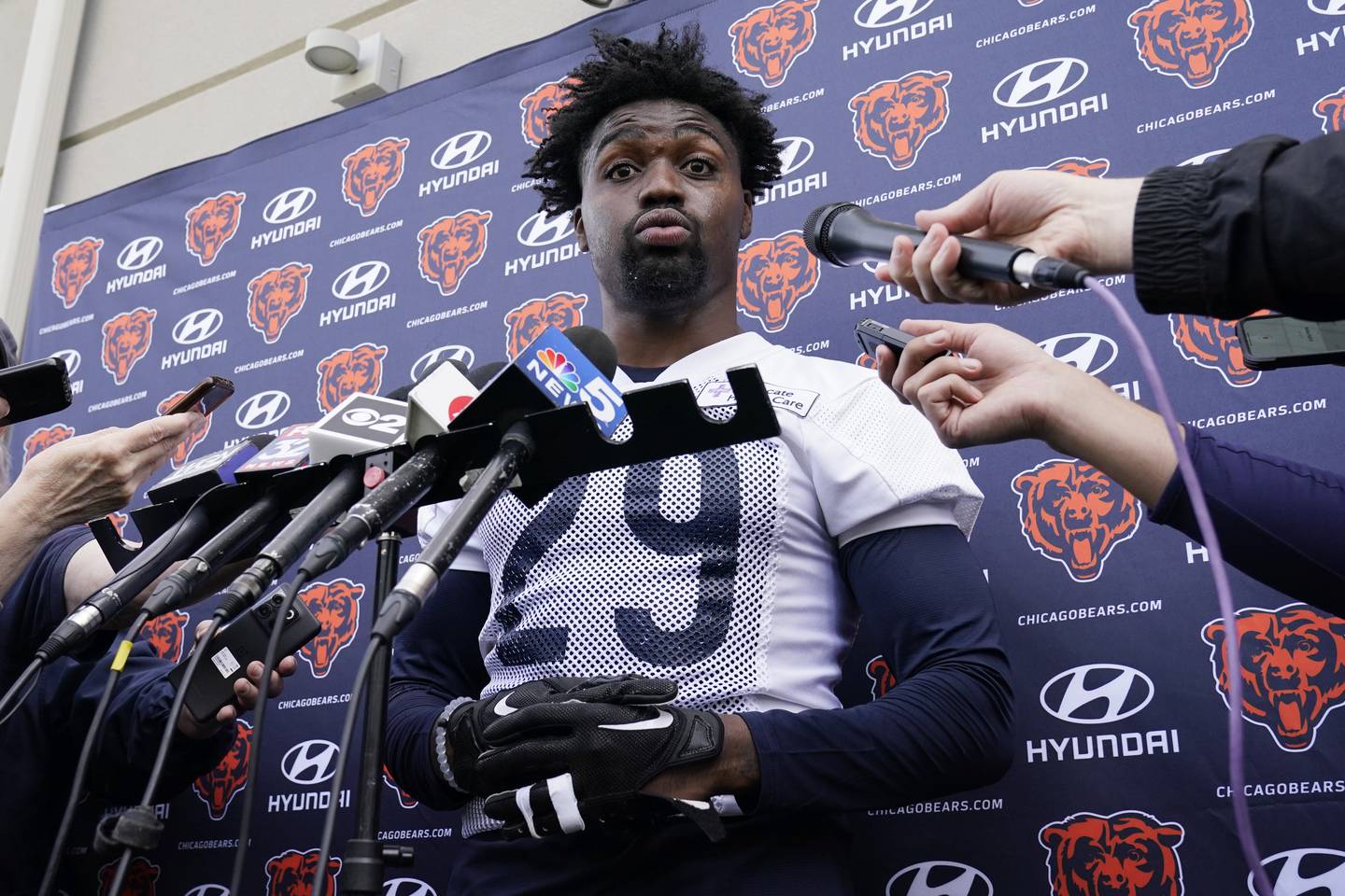 Chicago Bears defensive back Tyrique Stevenson listens to a question from the media at a news conference after the NFL football team's rookie minicamp at Halas Hall in Lake Forest, Ill., Friday, May 5, 2023.