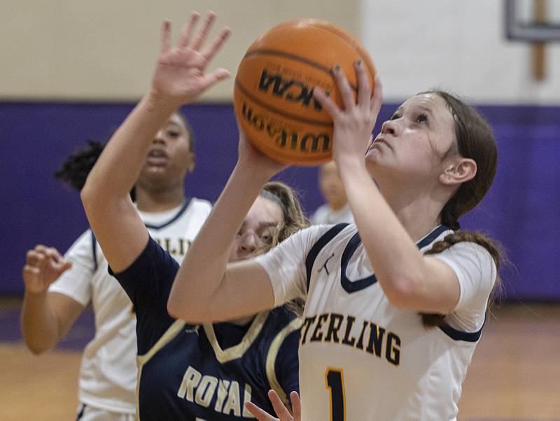 Sterling’s Brenley Johnson puts in two against Rockford Christian Friday, Dec. 26, 2025, at the Duchesses Basketball Christmas Classic.