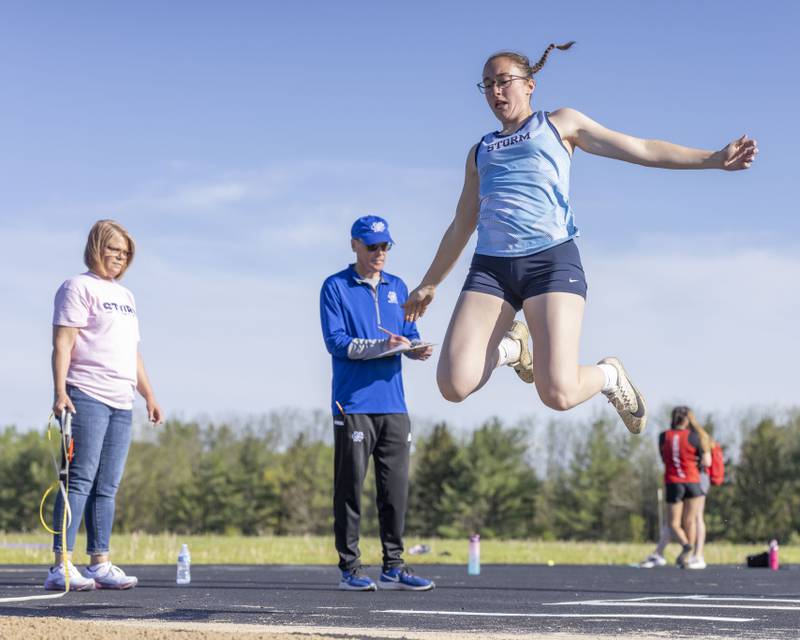 Lynzie Cady of Bureau Valley High School competes in long jump at Mendota High School on May 3, 2024.