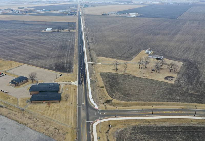 An aerial view of Plank Road and Midtown Road on Tuesday, March 3, 2026 near the intersection of Interstate 80 and Plank Road in Peru. The City of Peru Committee of a Whole met on March 2 and agreed to increase the Plank Road speed limit from Midtown Road to near the Electric and Public Works building from 35 mph to 45 mph.