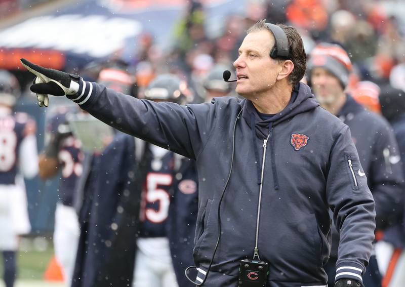 Chicago Bear Head Coach Matt Eberflus yells instruction to his team during their game Sunday, Dec. 31, 2023, at Soldier Field in Chicago.