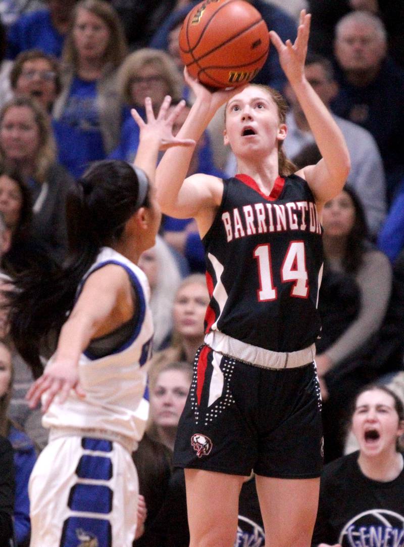 Barrington’s Ashley Mahlum shoots the ball during the Class 4A Schaumburg Supersectional against Geneva on Monday, Feb. 27, 2023.