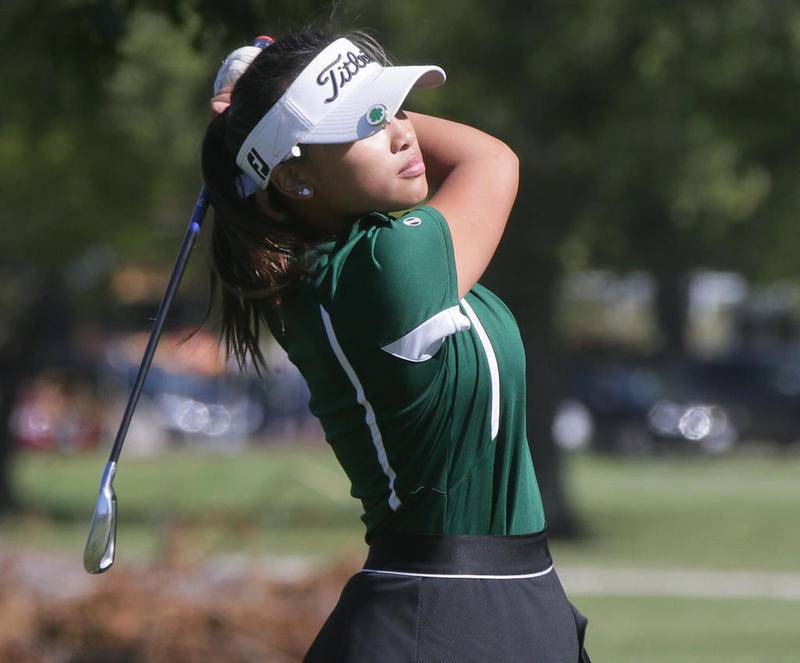 St. Bede's Aleanna Mendoza golfs during the Class 1A Sandwich Regional at Edgebrook Golf Club in Sandwich.