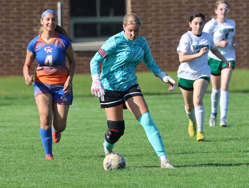 Genoa-Kingston's Madelynn Swanson pushes the ball upfield Thursday, April 23, 2026, during their game against North Boone at Genoa-Kingston High School.