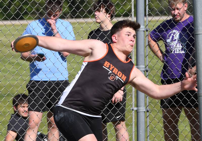 Byron's Brady Kann throws the discus at the Big Northern Conference Meet at Stillman Valley on Thursday, May 14, 2026.